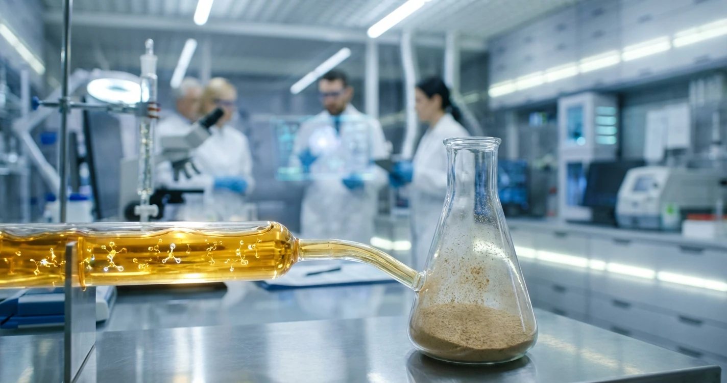 O imagine ultra-modernă de laborator arătând comparația între moleculele de colagen lichid strălucitor și particulele fine de pudră, într-un mediu clinic și tehnologizat.