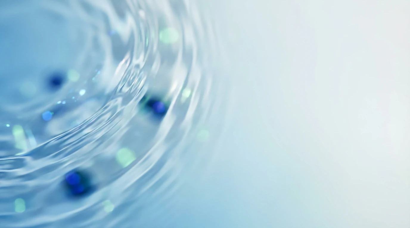 Minimalist gradient background transitioning from soft cerulean to translucent pearl, featuring a blurred macro visual of crystalline liquid ripples and subtle bioluminescent bokeh spots. Large intentional empty space on the right side for text overlay, with a sophisticated and clean aesthetic that evokes marine purity and deep cellular hydration, 16:9 aspect ratio.