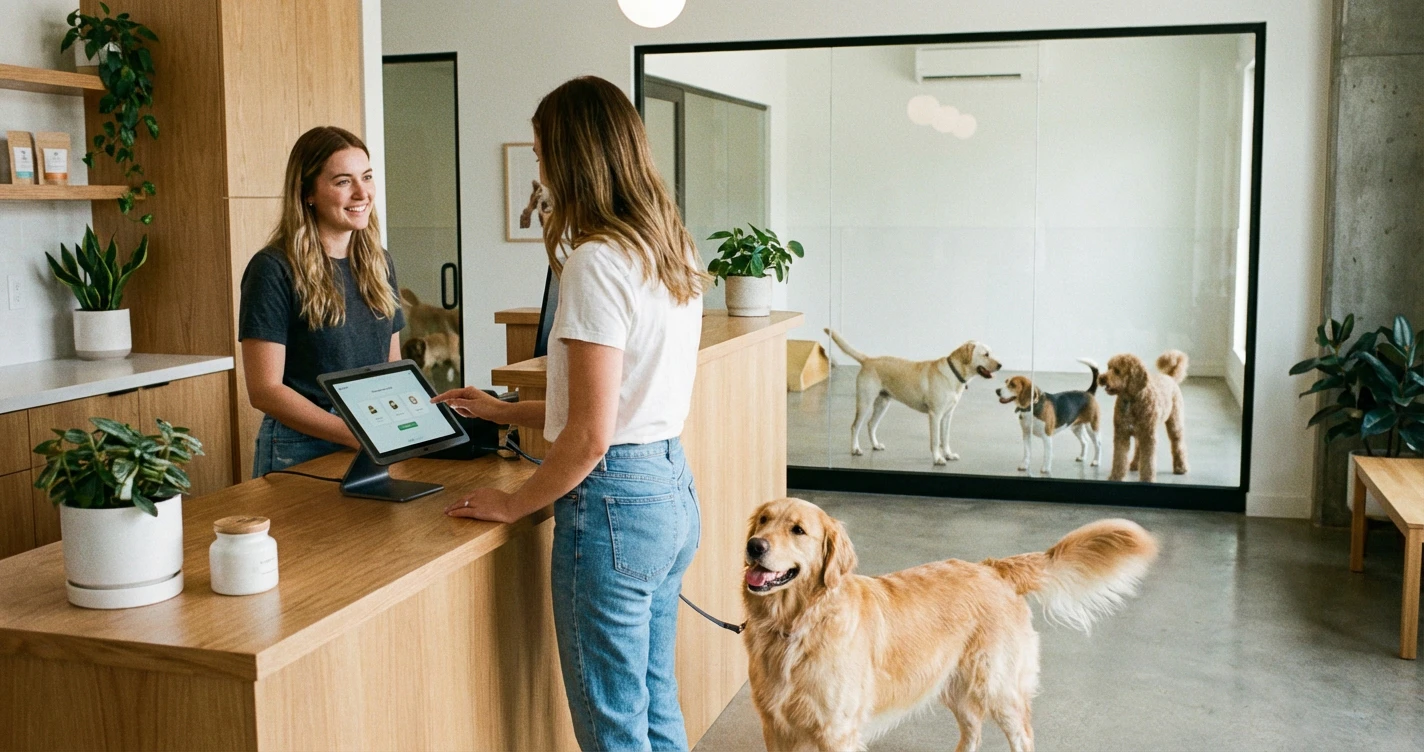 A vibrant, modern pet daycare lobby featuring a tablet-based check-in system and happy dogs in the background.