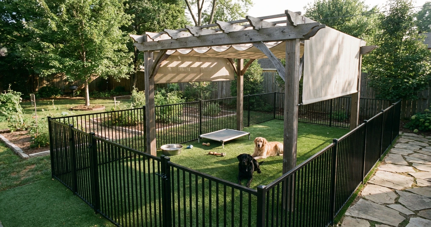 A high-quality photo of a modern backyard dog run with black metal fencing, artificial grass, and a shaded pergola area.