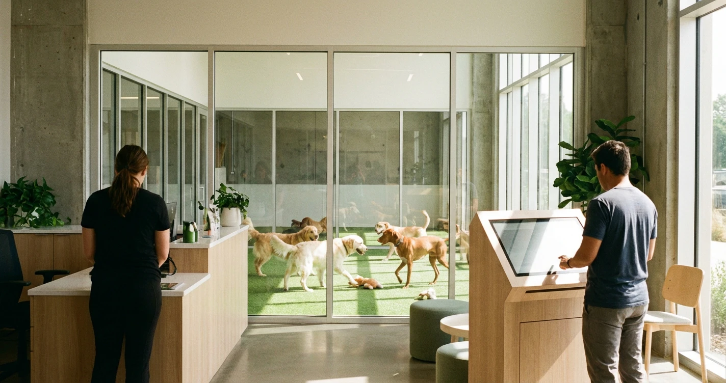 A modern, high-tech dog daycare lobby with a digital check-in kiosk and happy dogs in a clean, sunlit play area.