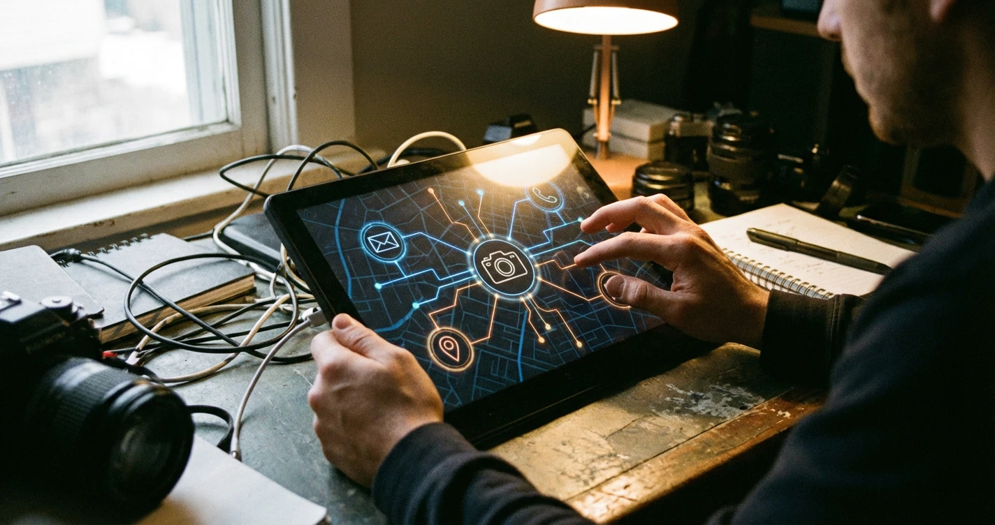 A high-tech digital interface showing a connection map between an Instagram logo and various data points like email, phone number, and location.
