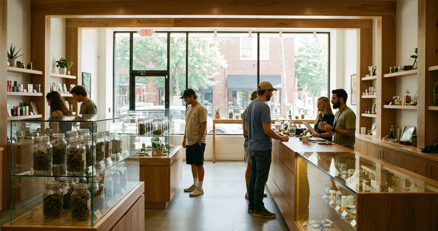 A high-quality photo of a modern, clean cannabis dispensary interior in Raleigh, North Carolina, featuring wooden accents and glass display cases filled with hemp flower.