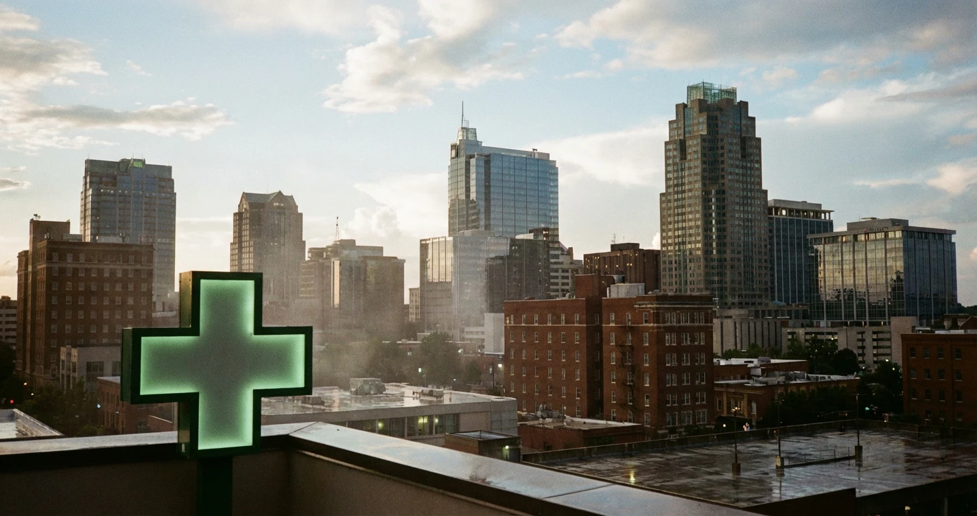 A conceptual 3D render of a future Raleigh city skyline with a