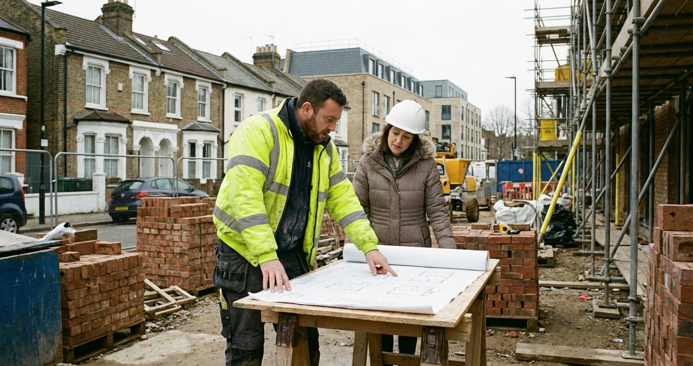 Professional builder Jozeph from J&D Building reviewing blueprints with a client on a London site