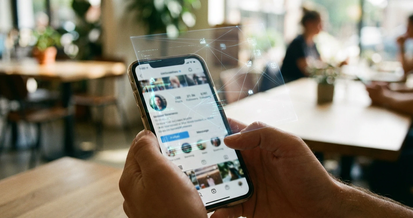 A conceptual digital overlay on an Instagram profile highlighting microscopic AI glitches and metadata anomalies