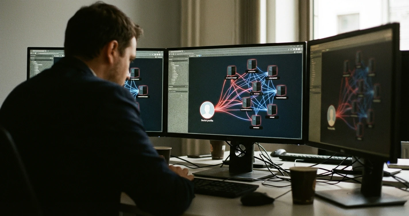 A visualization of the Clairvoyance engine mapping a fake account's connections to known botnet servers