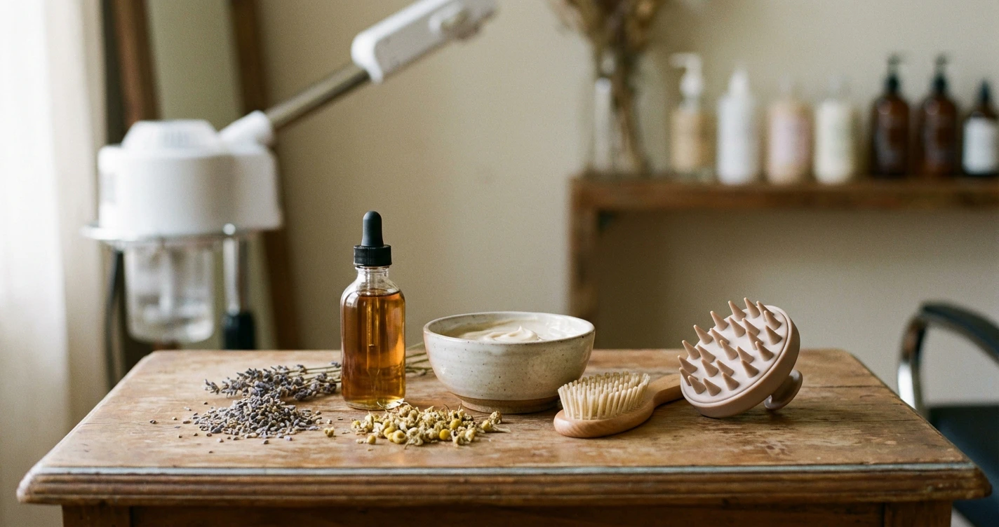 An artistic shot of botanical hair products and professional tools used for a scalp detox treatment at Milk & Honey.