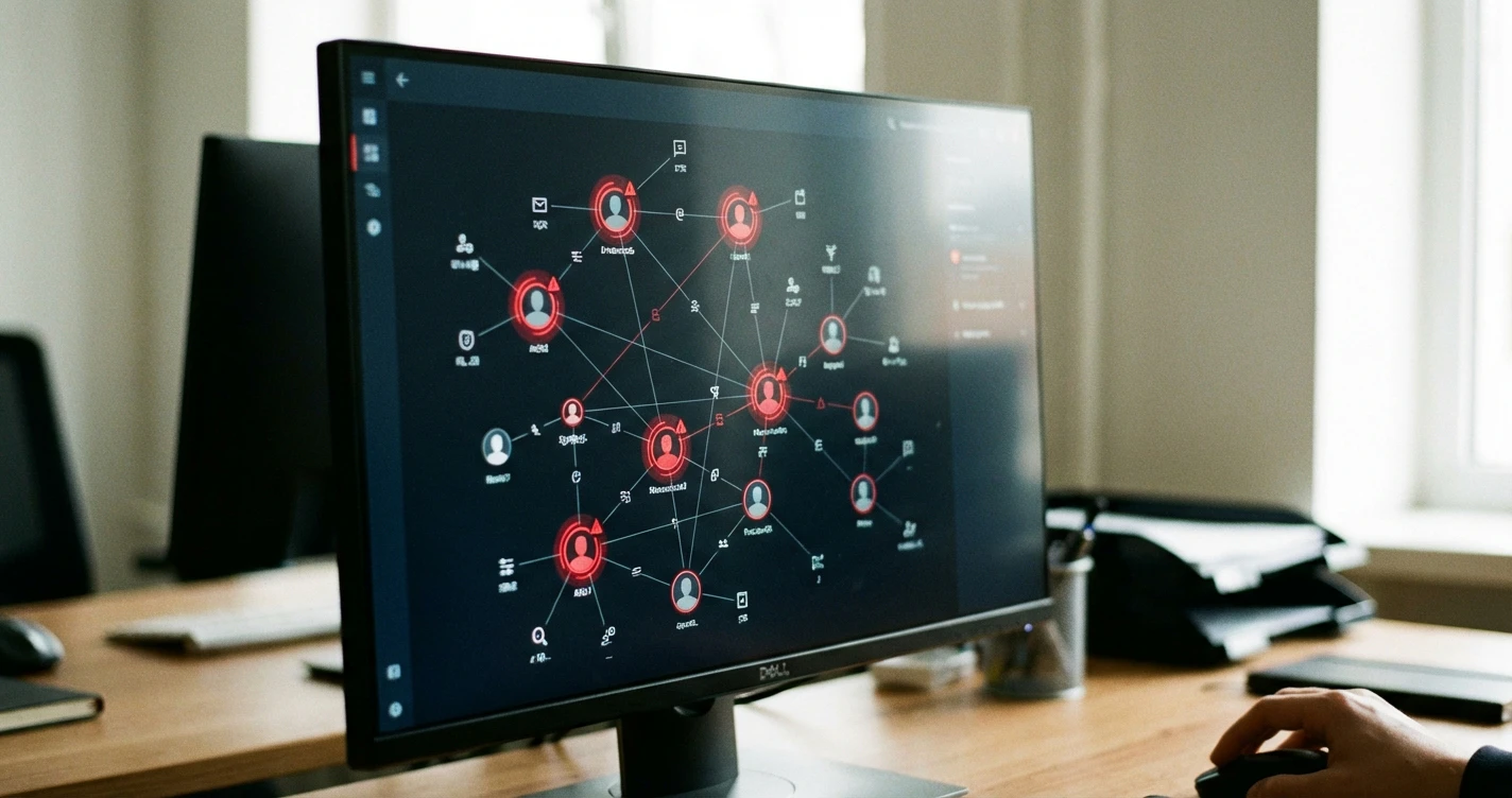 A digital dashboard showing a network of suspicious profile connections with red warning indicators
