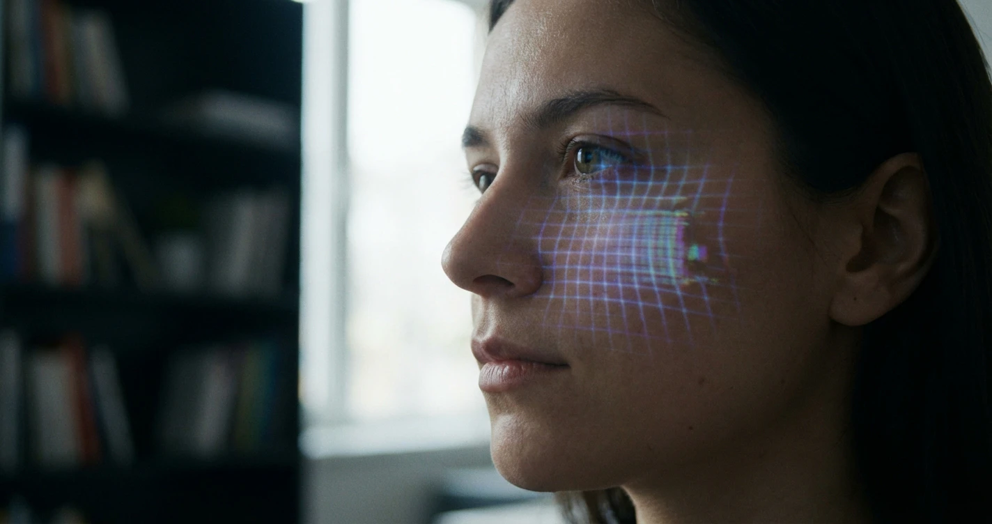 A conceptual illustration of an AI scanning a human face to detect synthetic 