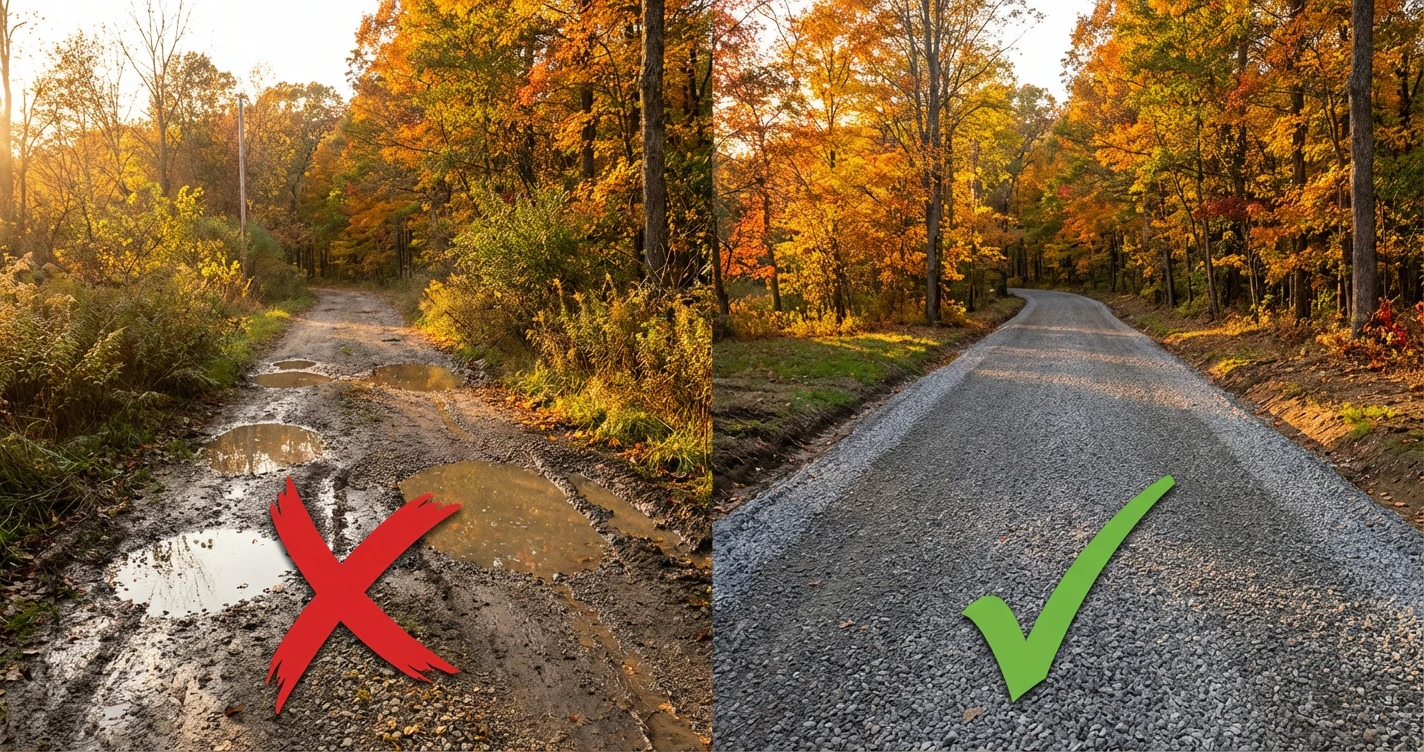 Split screen comparison showing a rutted, muddy driveway on the left with a red 'X' and a freshly graded, crowned gravel driveway on the right with a green checkmark, rural setting with autumn foliage.