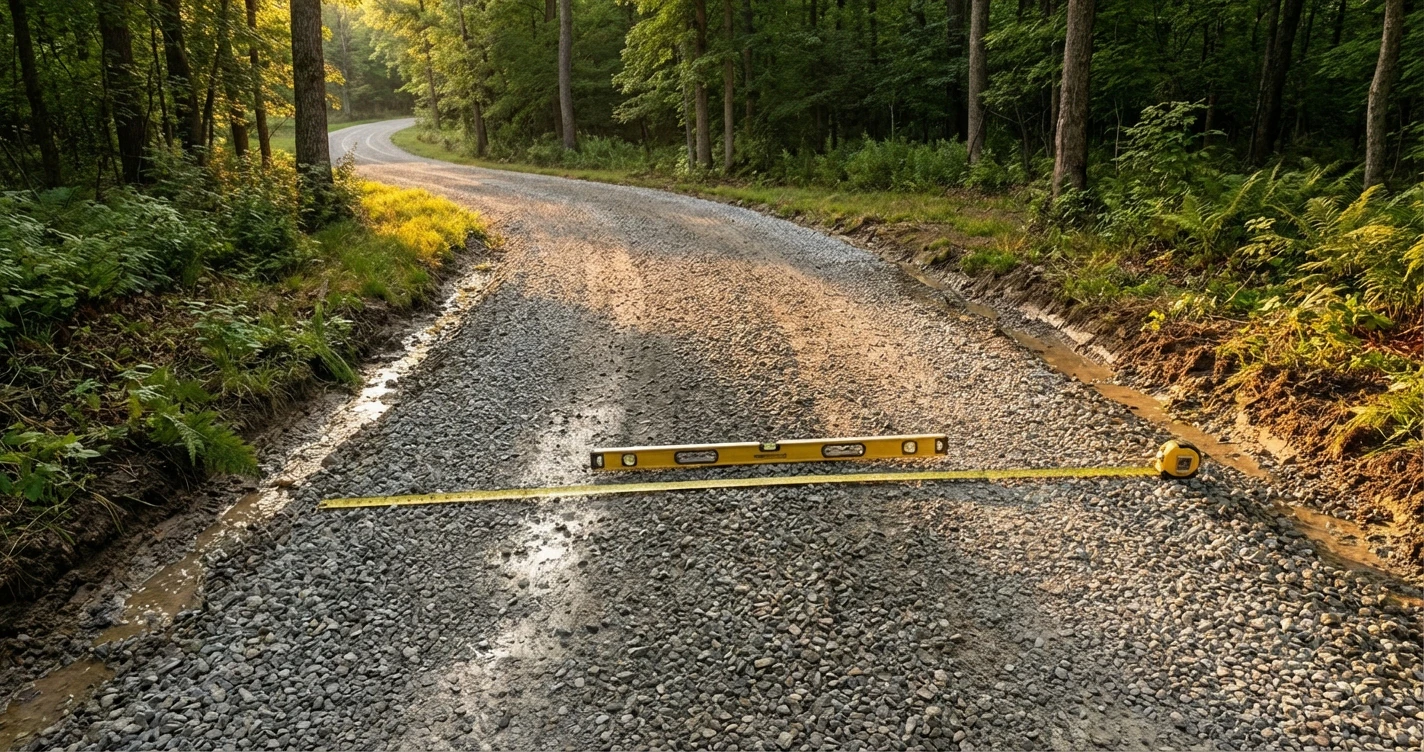 Close-up diagram showing proper driveway crown slope of 4% shedding water to side ditches, preventing pooling in the center.
