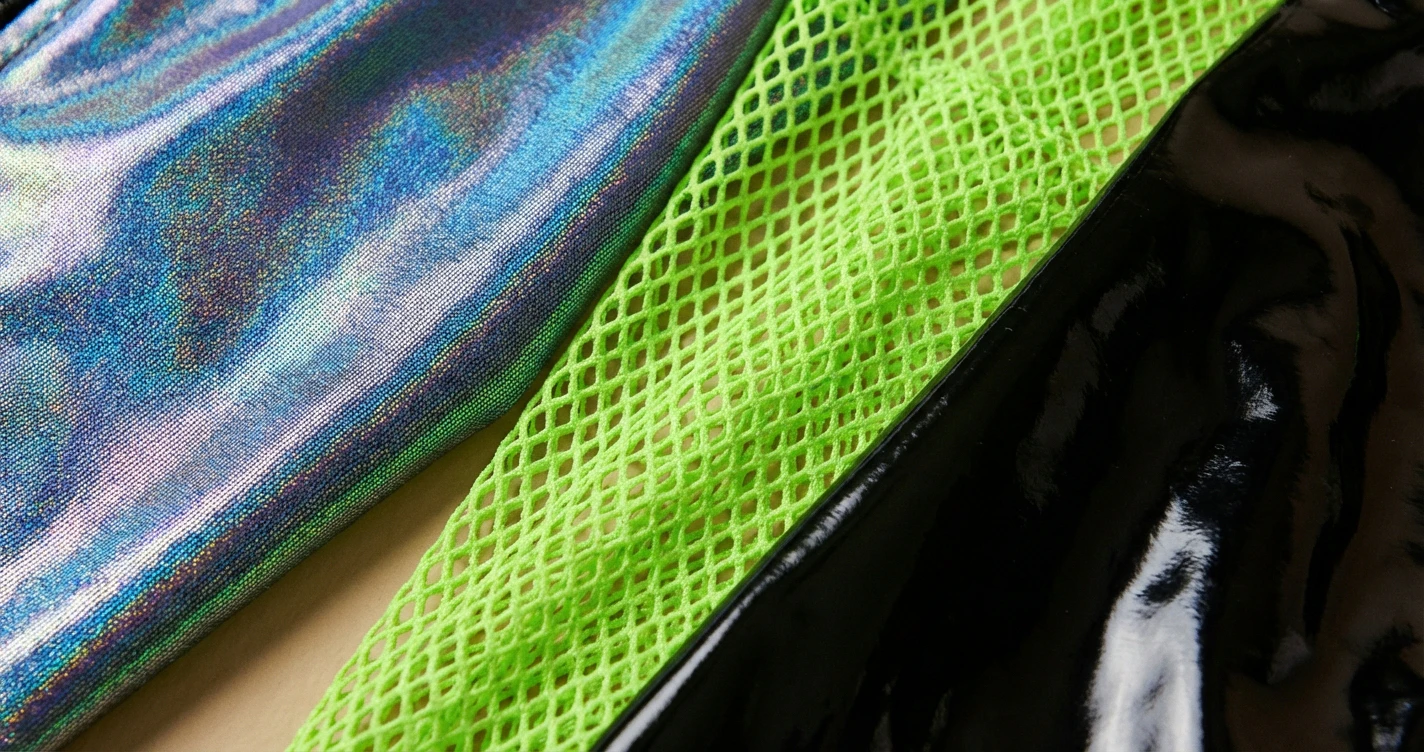 Macro close-up shot of three different fabric textures: iridescent holographic spandex, neon green fishnet mesh, and glossy black vinyl, highlighting the weave and finish quality.