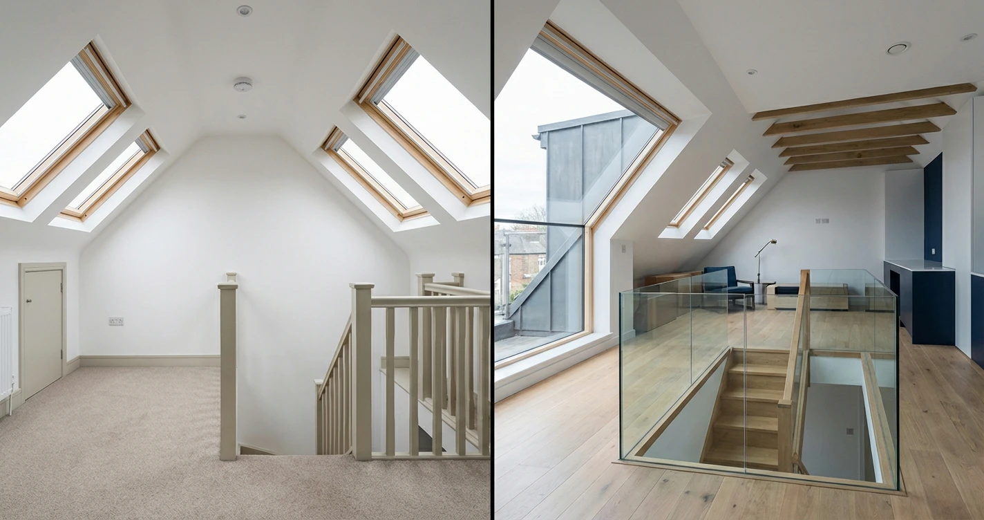 Split screen photo showing a standard loft finish vs a premium luxury finish with glass balustrades and zinc cladding, labeled with price differences