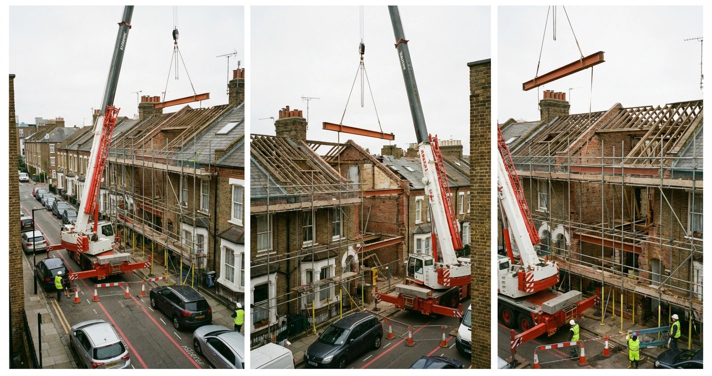 Construction site photo showing steel beams being craned into a Victorian terrace roof, highlighting the logistical complexity