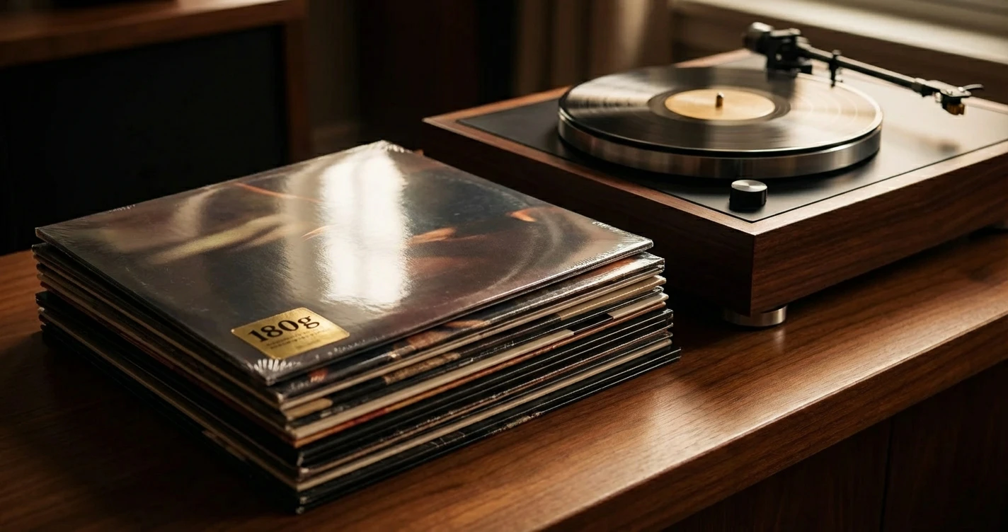 A curated stack of the top 5 vinyl albums of 2026 sitting next to a high-end turntable, soft lighting highlighting the 180g sticker and glossy jacket textures.