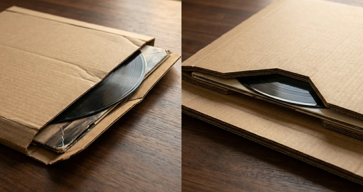 Graphic comparison of a standard flimsy mailer versus a reinforced Canadian whiplash mailer, showing the protective air gap around the record corners.