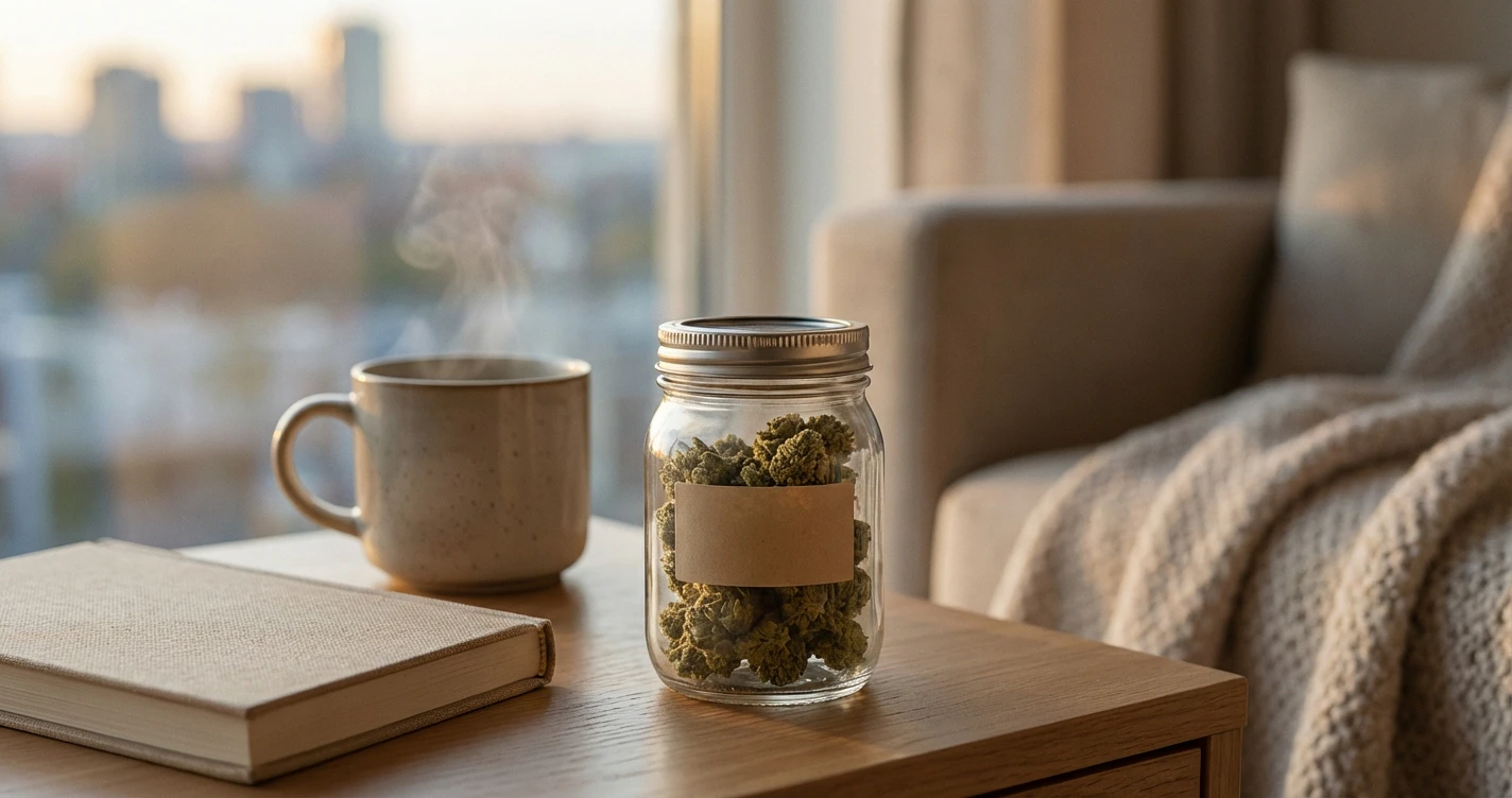 A modern, clean aesthetic photo of a glass jar containing premium cannabis flower with a Raleigh Dispensaries label, sitting on a bedside table next to a cup of herbal tea and a book, implying a nighttime wellness routine.
