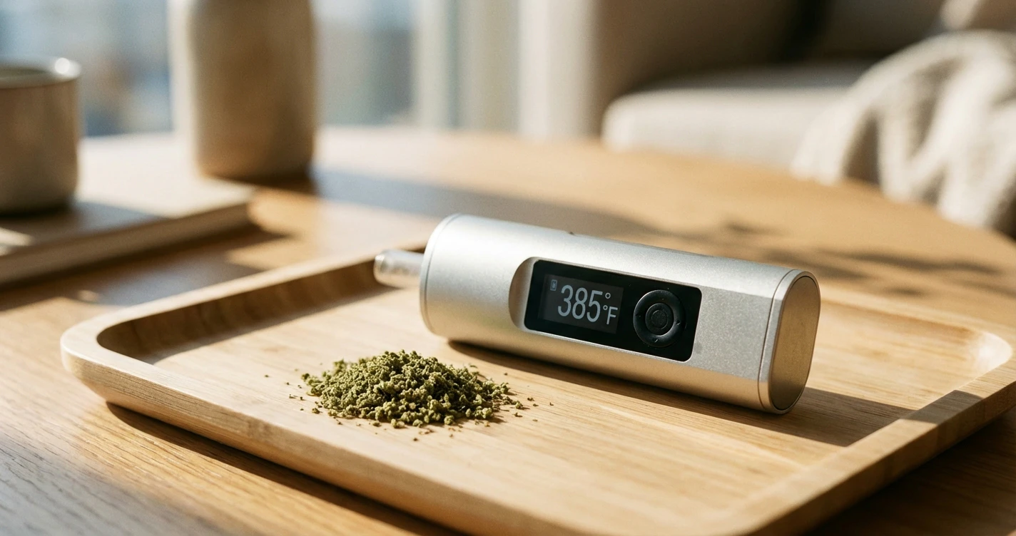 Close-up of a digital dry herb vaporizer displaying a temperature of 385°F, with a small pile of ground cannabis flower next to it on a wooden tray.