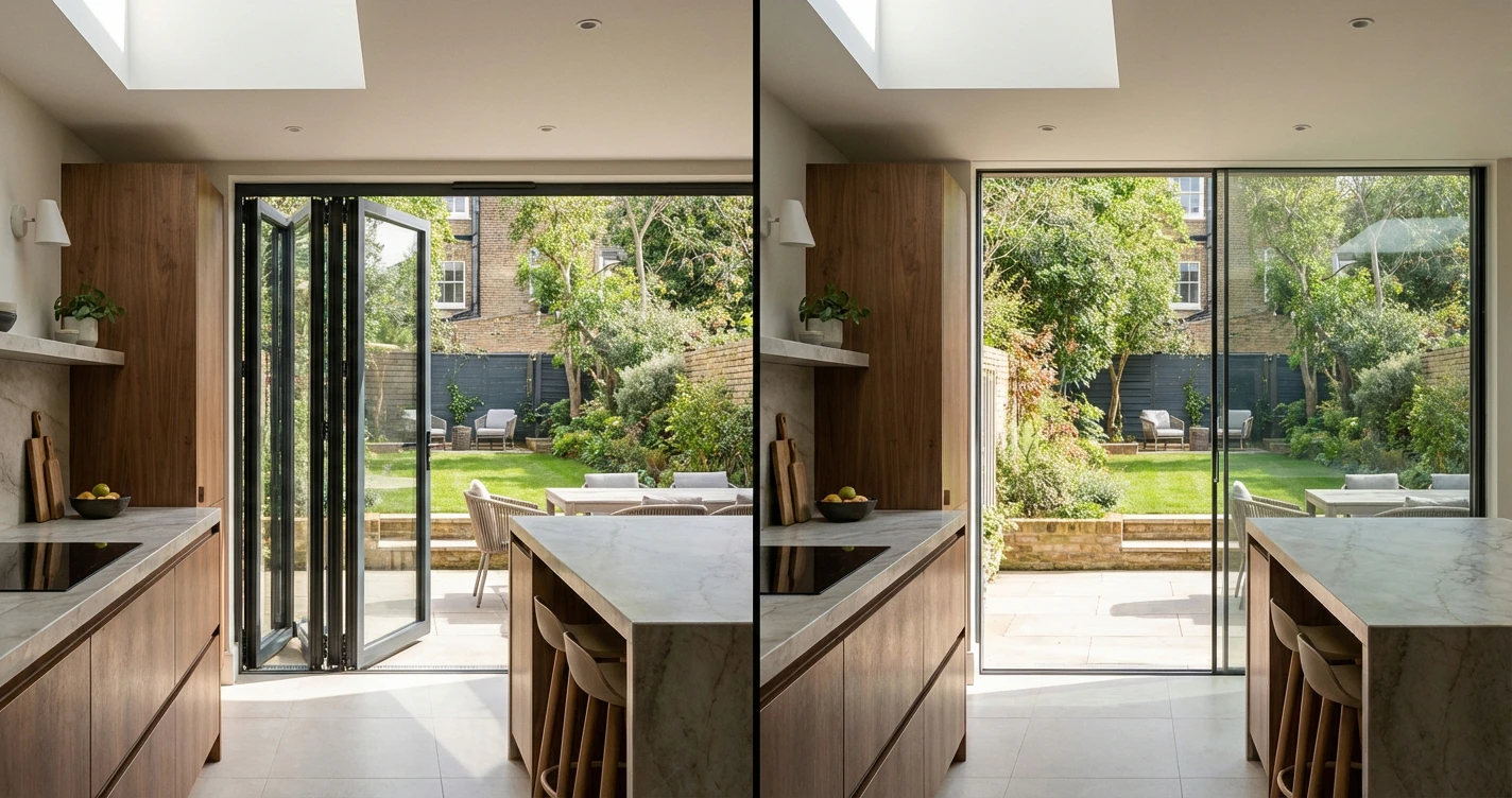 Comparison of rear extension glazing. Left side: Bi-fold doors open with stacked frames. Right side: Minimalist sliding doors with 20mm sightlines, creating a seamless view of a landscaped London garden.