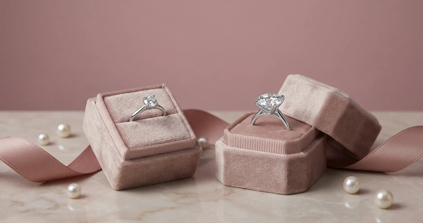 Side-by-side comparison of a 0.8ct diamond ring and a 2.5ct moissanite ring, showing the massive size difference, with price tags overlay showing the moissanite is cheaper