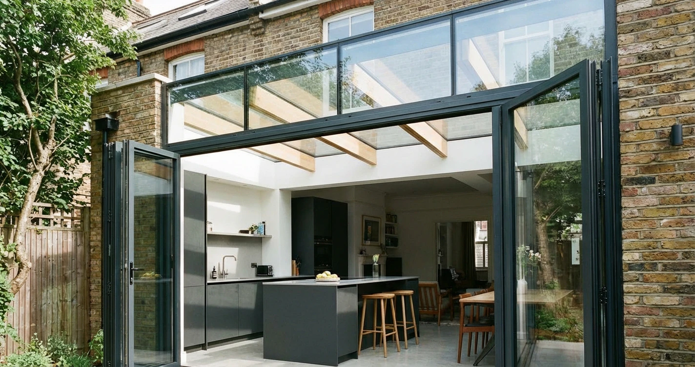 Best Kitchen Extension Layouts for Semi-Detached London Homes 2026 2 A modern glass-roofed side return extension on a Victorian semi-detached house in London, featuring a sleek island and bi-fold doors.