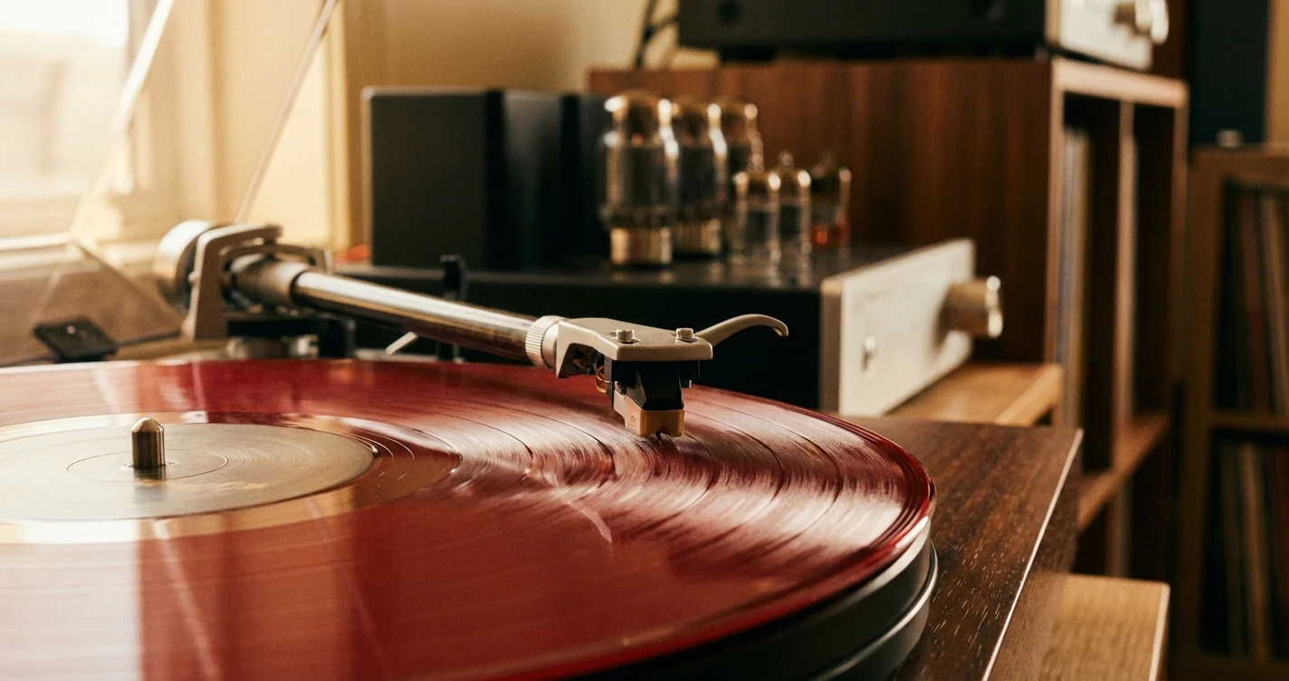 Close-up of a turntable stylus dropping onto a translucent red vinyl record, warm ambient lighting, modern audio equipment in the background, focus on the texture of the record grooves