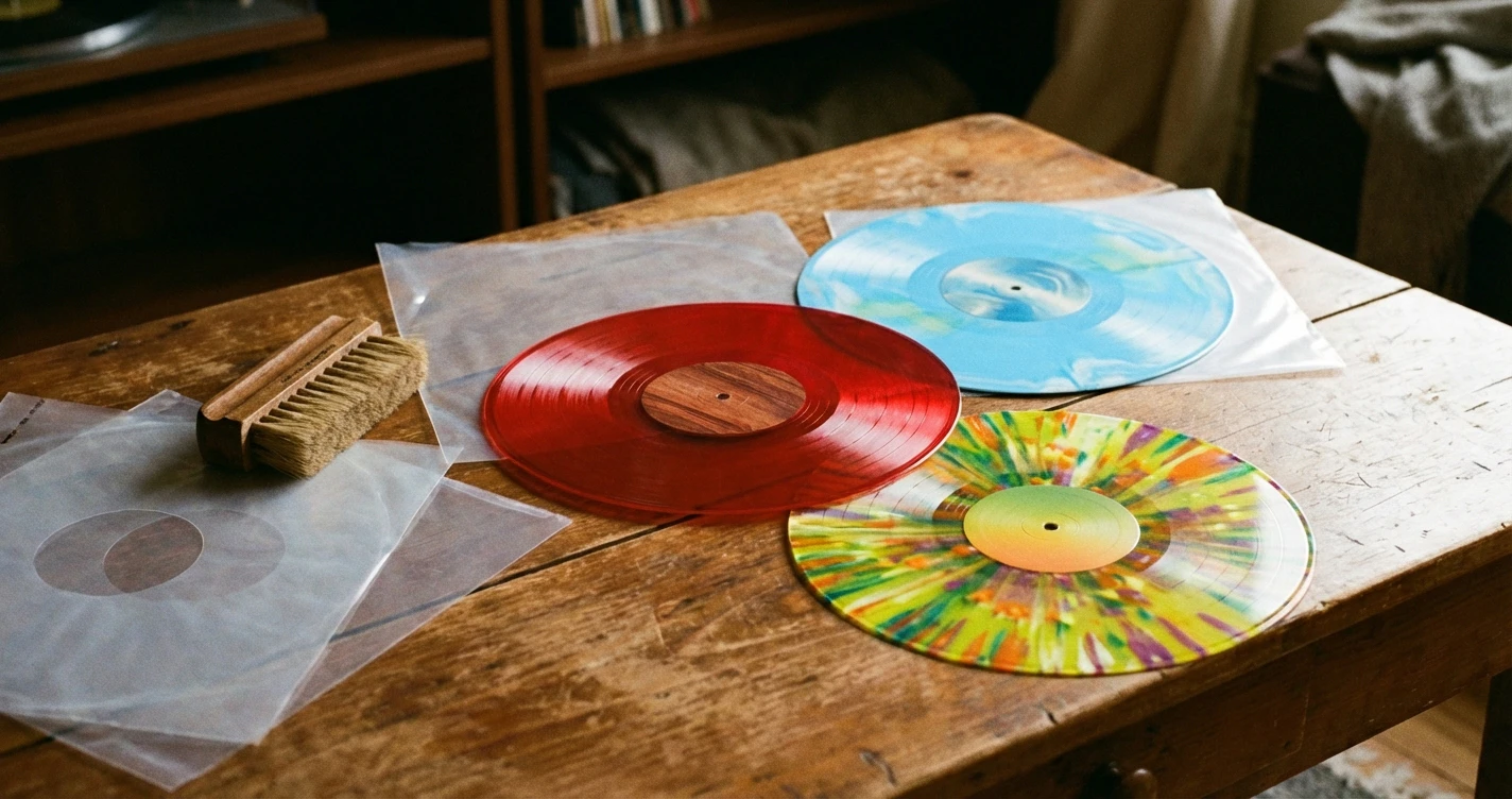 A flat-lay photograph of three colorful vinyl records on a wooden table, one is translucent red, one is sky blue swirl, and one is splatter pattern, surrounded by protective outer sleeves and a cleaning brush