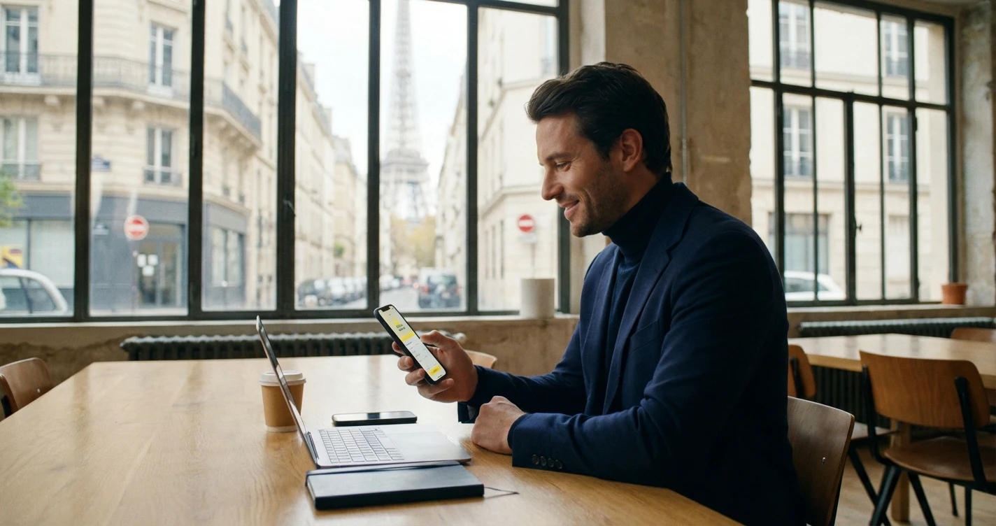 Un entrepreneur urbain élégant consultant l'application Shine sur son smartphone dans un espace de coworking moderne à Paris