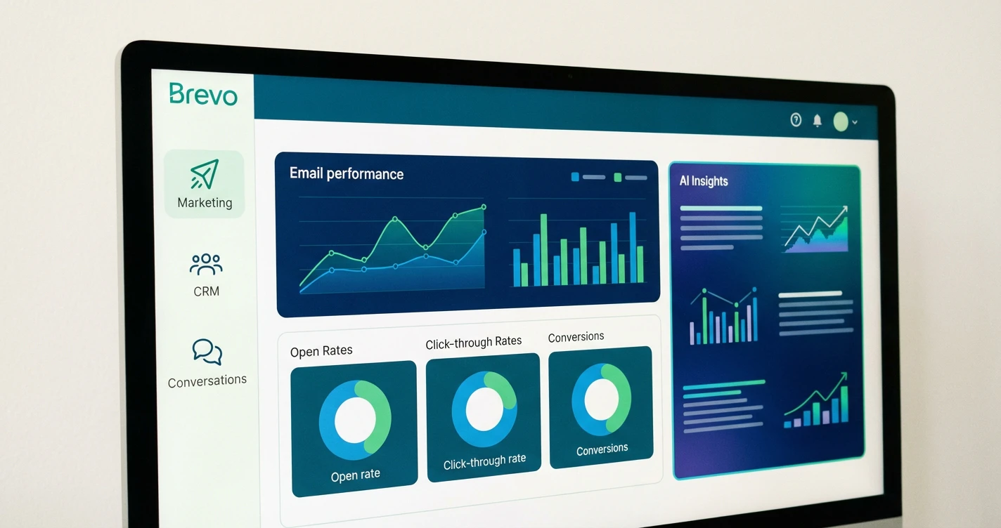 Une interface moderne du tableau de bord Brevo en 2026 montrant des graphiques de performance d'emailing colorés, une section 