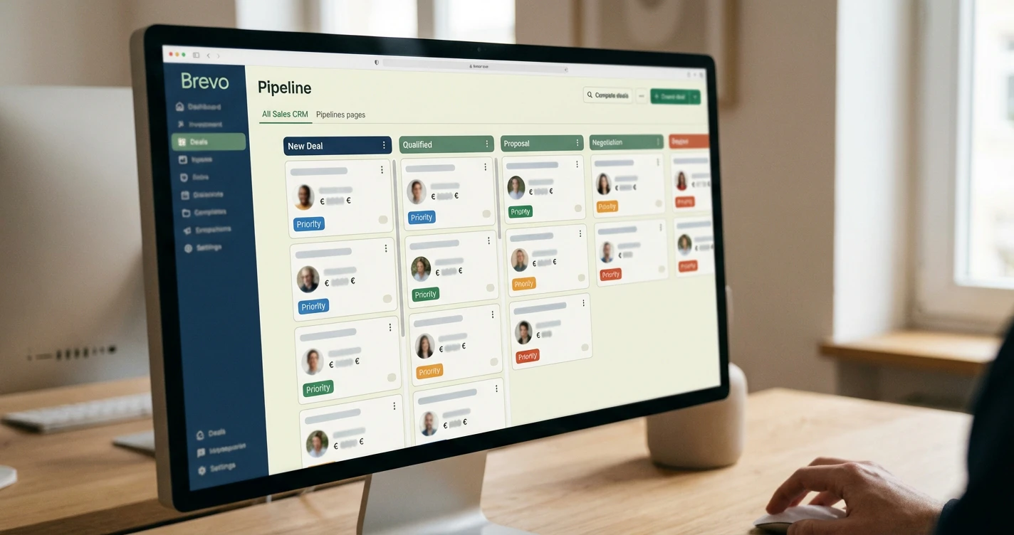 Gros plan sur un pipeline de vente dans le CRM Brevo, montrant des étapes de 