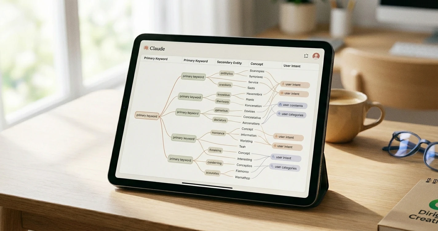 Screen capture of Claude AI interface showing a generated semantic map table, linking primary keywords to secondary entities and user intent categories.