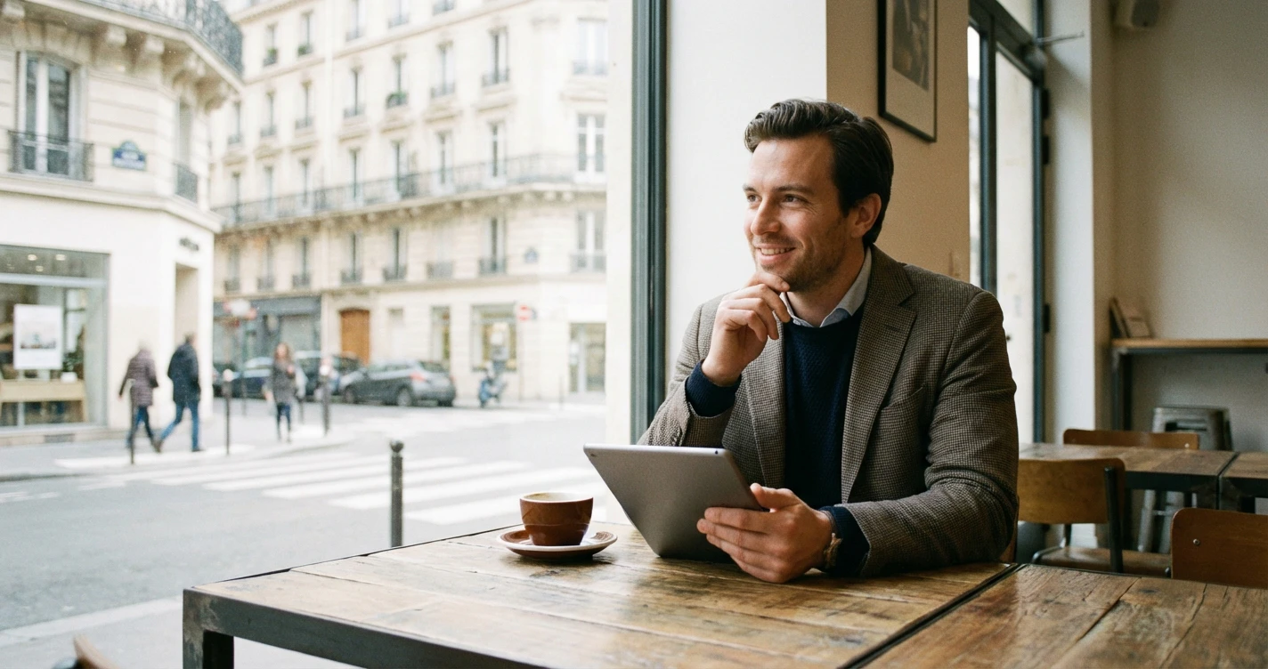 Un entrepreneur urbain élégant consultant sa tablette dans un espace de coworking moderne à Paris, symbolisant la réussite et l'agilité numérique.