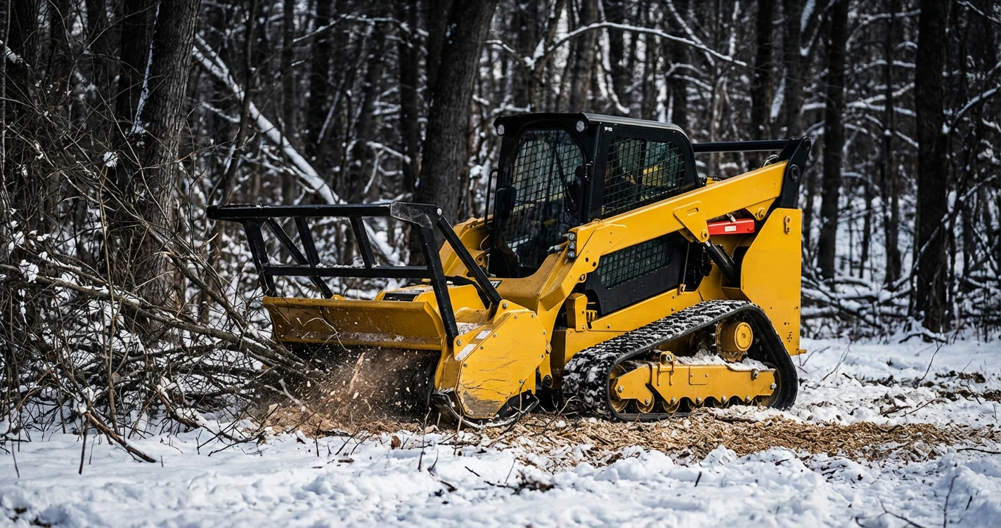 A high-flow skid steer with a forestry mulching head clearing dense underbrush in a snowy Ohio woodlot, leaving a clean layer of mulch behind. The scene is active but organized, highlighting the precision of the machinery.
