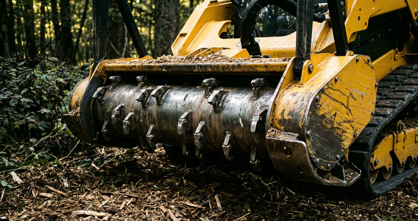 Close-up of a forestry mulcher drum head with carbide teeth, highlighting the heavy-duty construction required for processing hardwood trees.