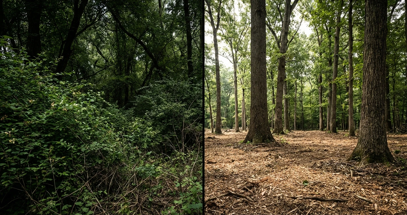 Split screen comparison. Left side shows a dense wall of invasive honeysuckle blocking visibility. Right side shows the same area after forestry mulching, revealing mature oak trees and a carpet of wood chips.