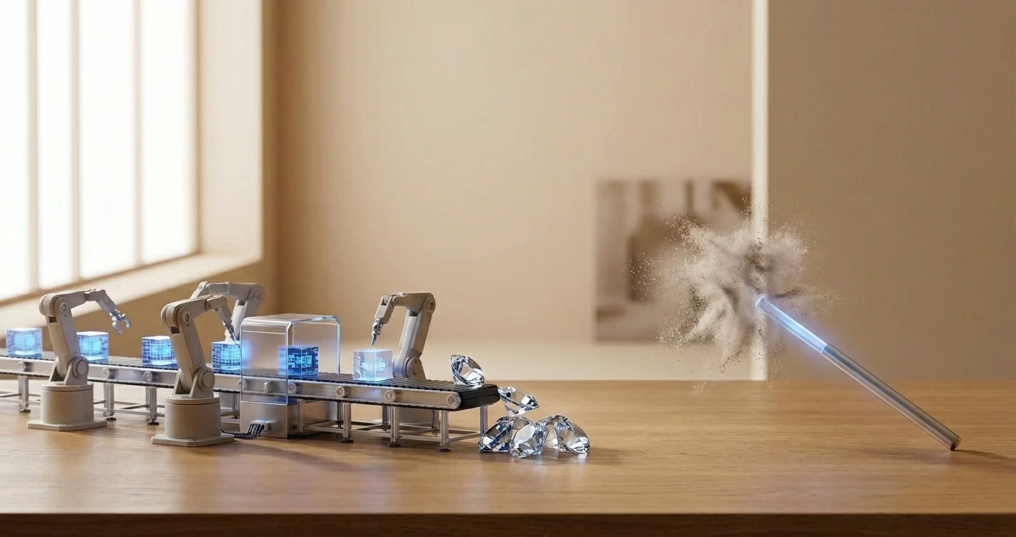 Conceptual illustration of a digital assembly line representing structured AI content workflows compared to single-prompt generation approaches