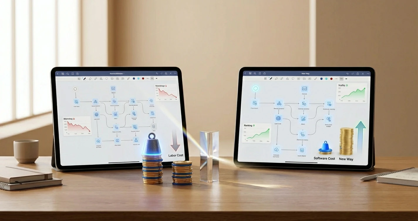 ROI calculator dashboard visualization comparing labor costs and content performance metrics between traditional and AI-assisted workflows