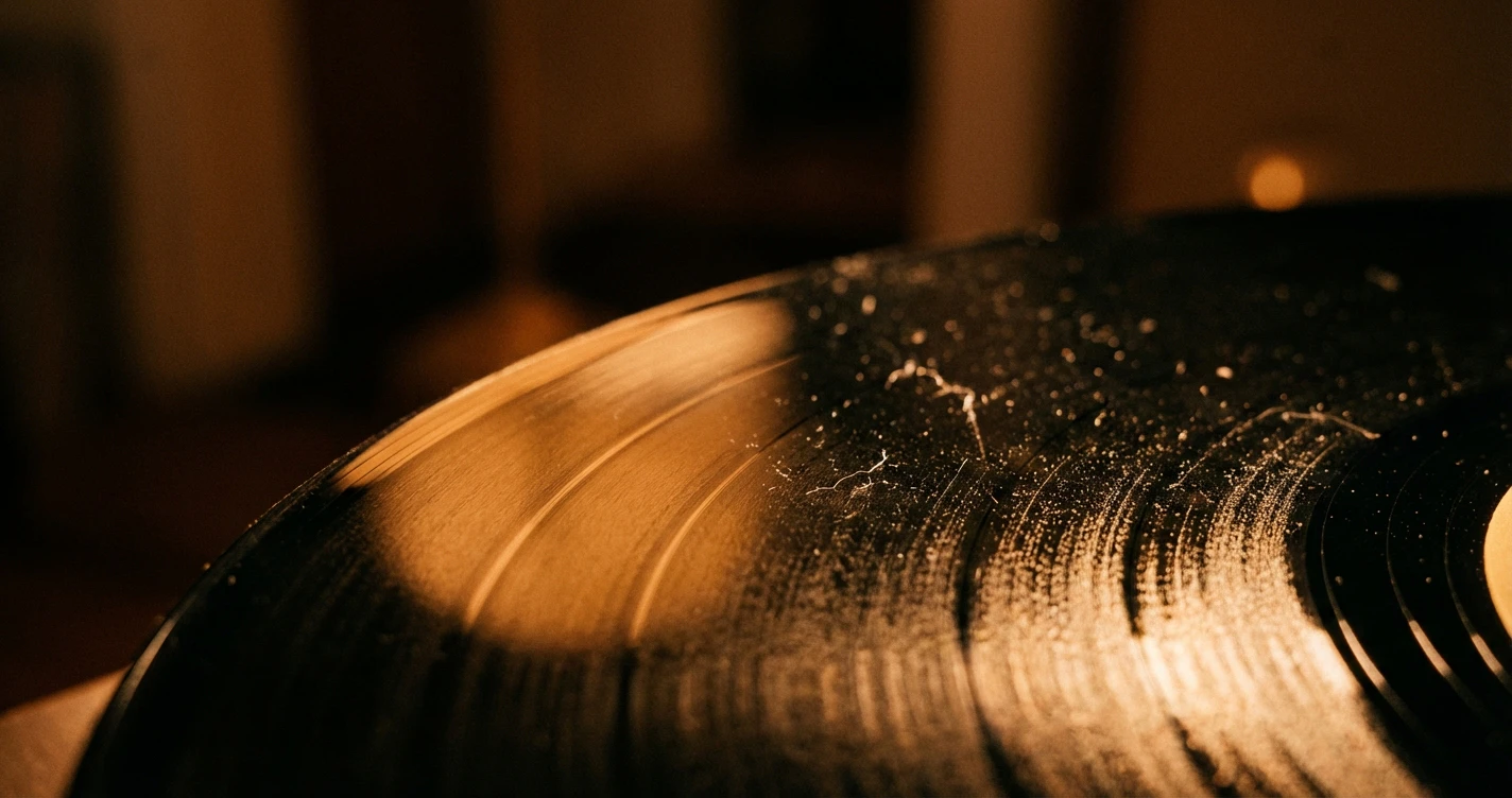 Close-up macro shot of a vinyl record groove under a digital microscope, showing the difference between a clean groove and one with micro-dust or scratches, high contrast lighting