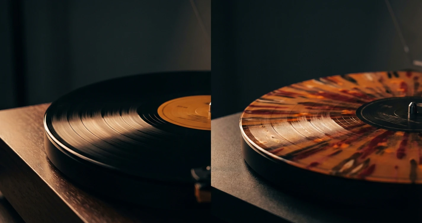 Split screen comparison of a standard black vinyl record and a multi-colored 'splatter' vinyl record, highlighting the visual texture differences