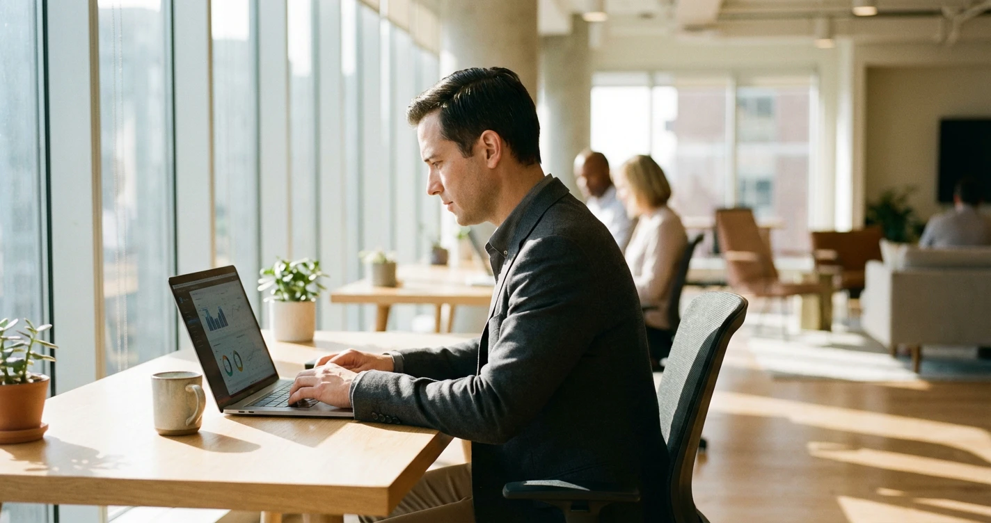 Photographie professionnelle d'un cadre d'entreprise concentré dans un bureau moderne et lumineux examinant un tableau de bord de conformité RGPD numérique sur un ordinateur portable élégant. La lumière naturelle pénètre par de grandes fenêtres, mettant en valeur un espace de travail propre et minimaliste avec une faible profondeur de champ et un arrière-plan d'entreprise flou. La composition est authentique et éditoriale, capturant un environnement professionnel réaliste de haute qualité.