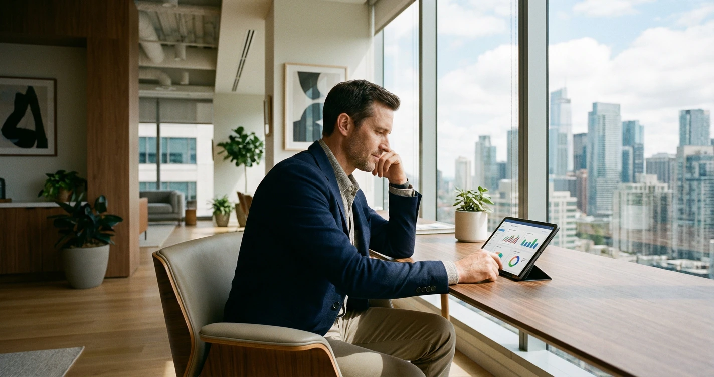 Un professionnel urbain consultant son portefeuille d'épargne salariale sur une tablette dans un bureau moderne avec vue sur la ville