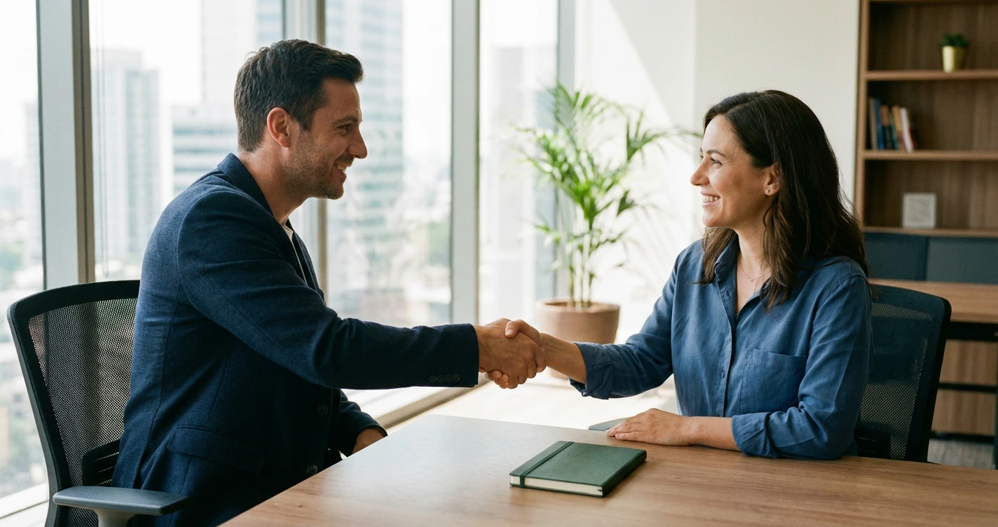 Une poignée de main professionnelle symbolisant l'accord entre un employeur et son salarié sur les avantages sociaux
