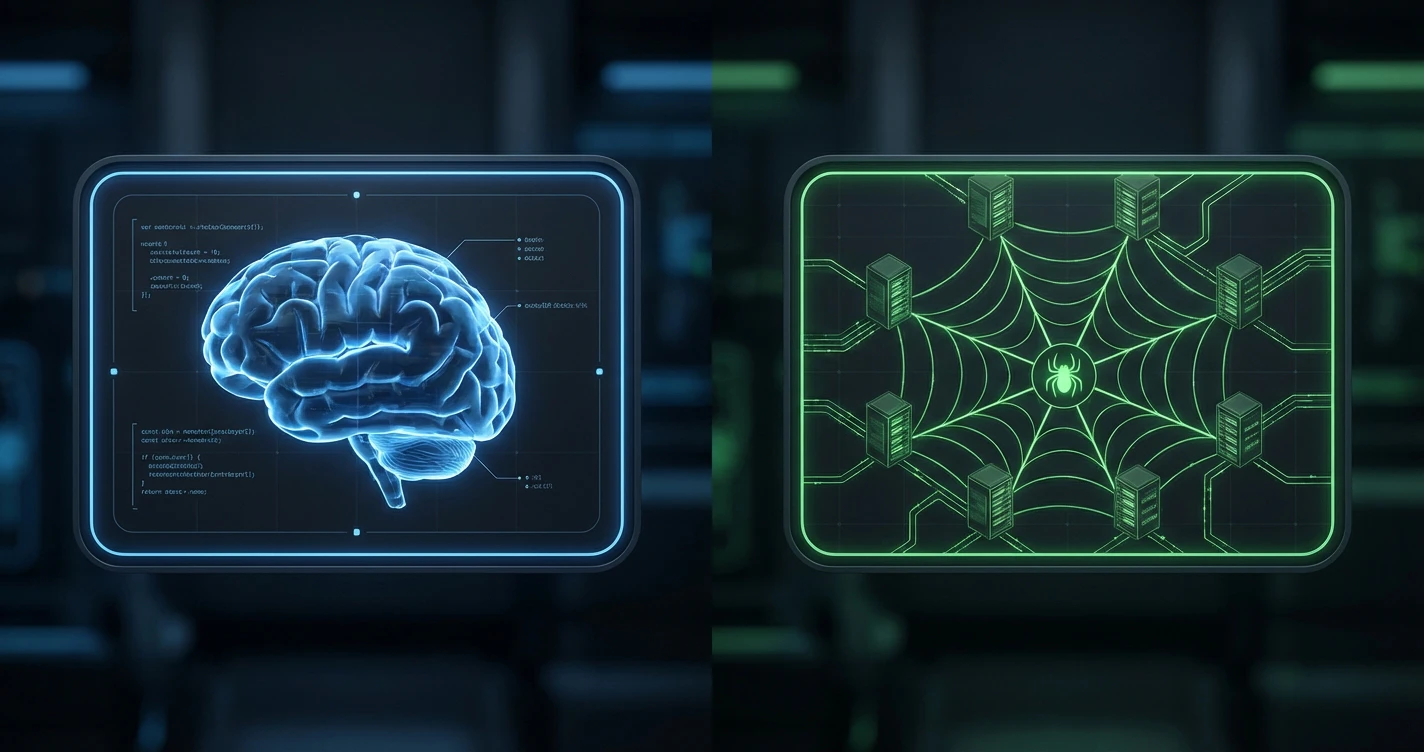 Split-screen comparison of prompt-based AI using static memory versus crawl-based AI using live web retrieval for content generation