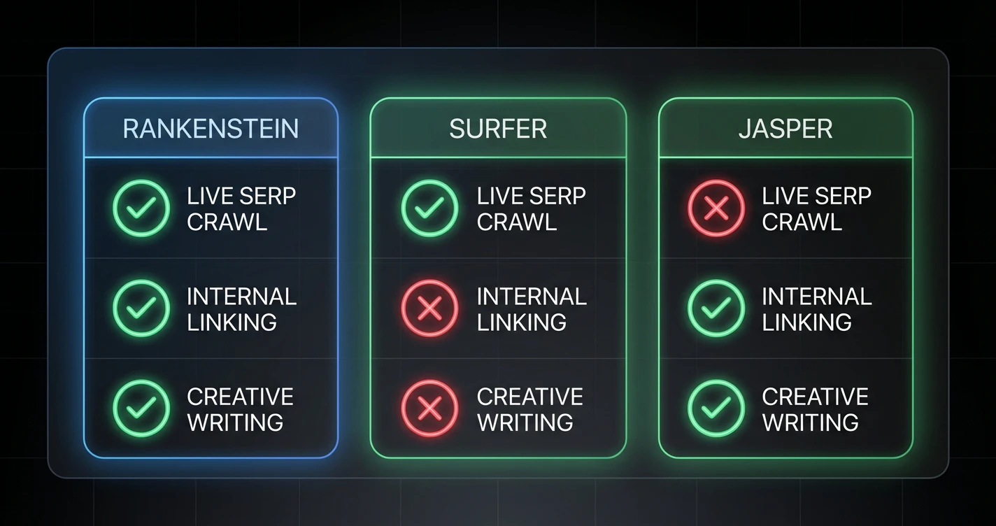 Comparison matrix showing capabilities of different AI tool categories for SEO, highlighting where crawl-based approaches outperform prompt-only systems in live data access and internal linking