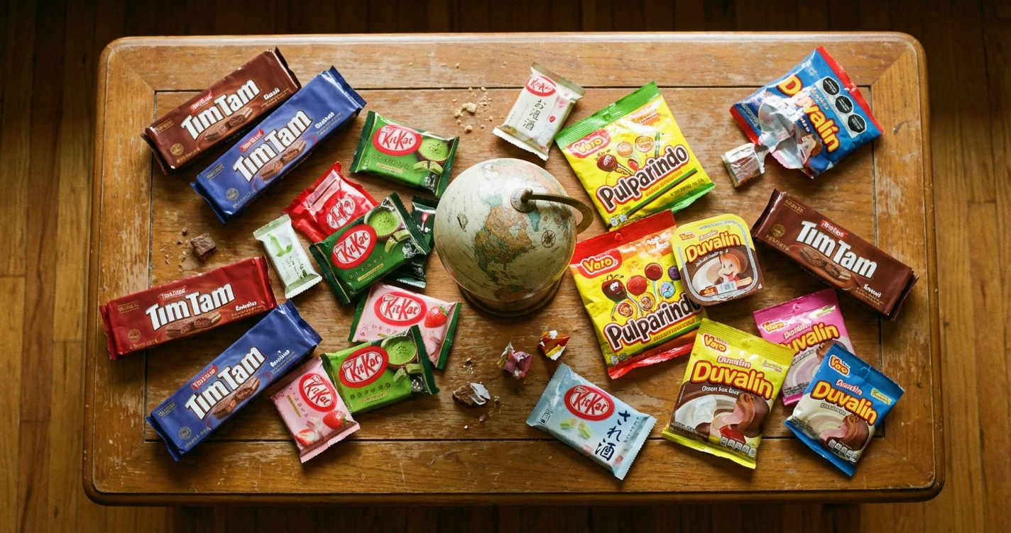 A vibrant, overhead shot of a coffee table covered in colorful international snack packaging, including Tim Tams, Japanese KitKats, and Mexican candies, with a small globe in the center.