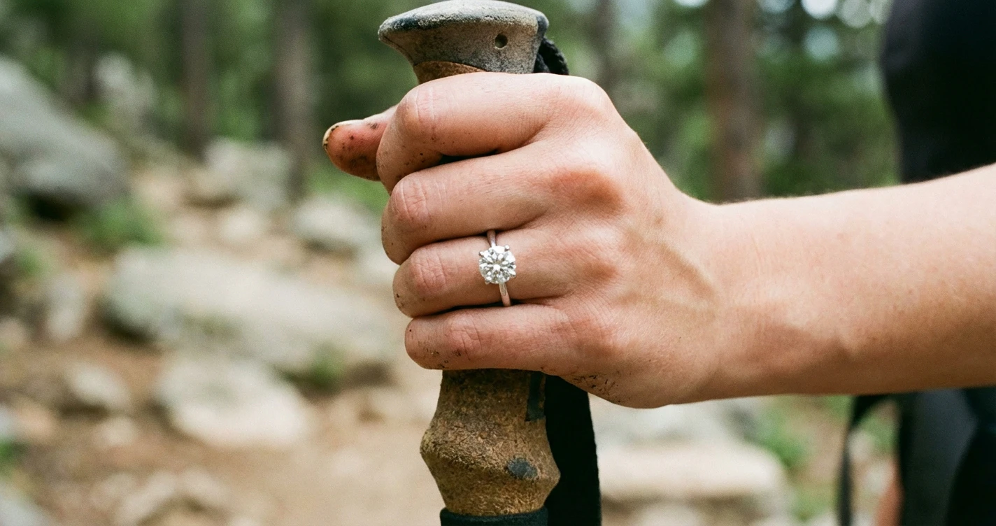 Close-up of a hand wearing a moissanite ring gripping a hiking pole or kettlebell, highlighting the stone's brilliance despite the rugged context, natural lighting.