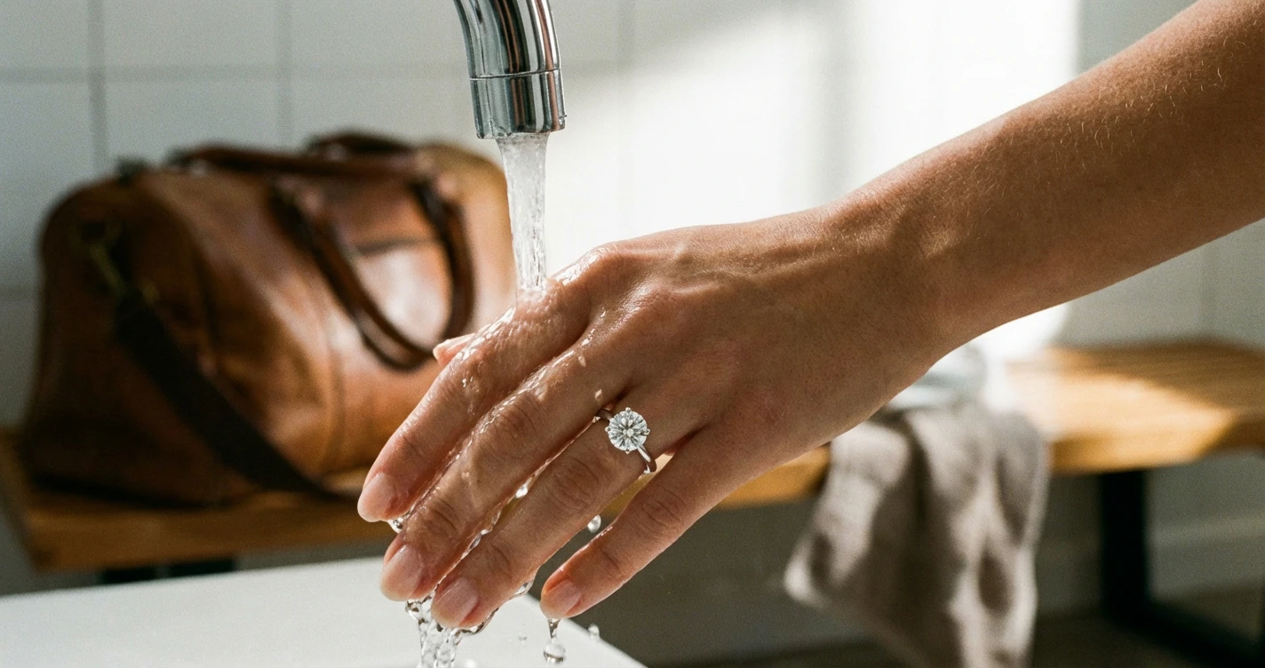 Woman rinsing a moissanite ring under a faucet after a workout, water droplets glistening on the stone, gym bag in background.