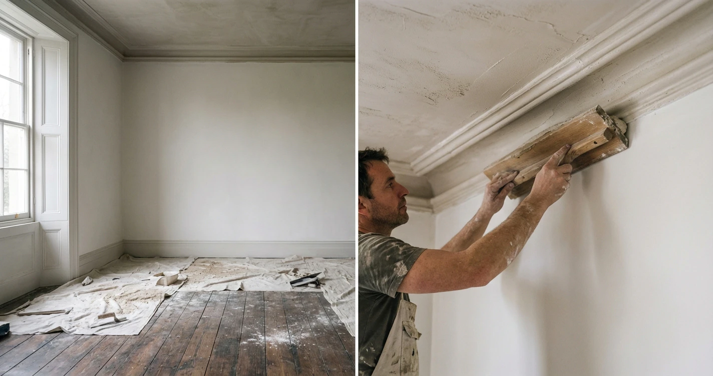 6 Best Architectural Finishes for Victorian Home Renovations: The Expert Guide 2 Artisan craftsman applying wet lime plaster to a Victorian ceiling cornice using traditional running mould tools, dust sheets covering vintage pine flooring, focused and detailed