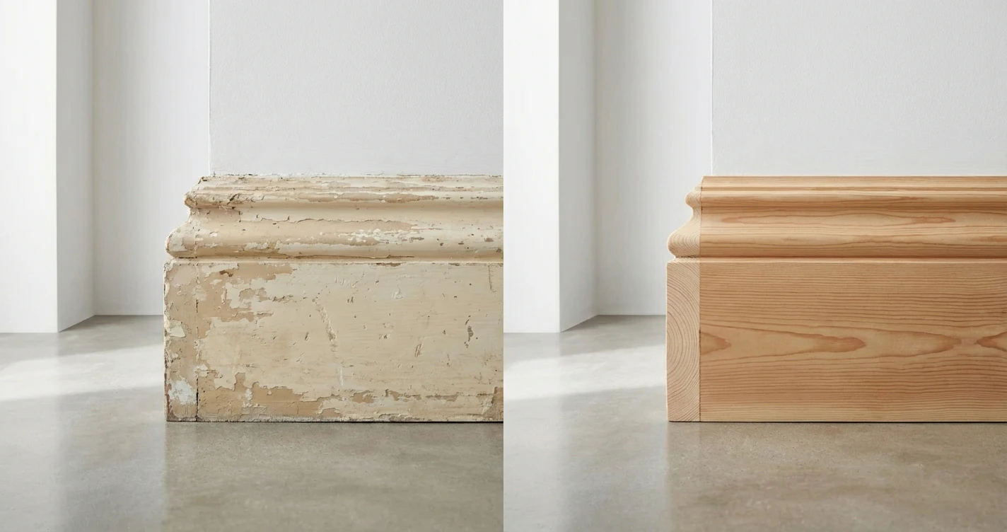 6 Best Architectural Finishes for Victorian Home Renovations: The Expert Guide 4 Split screen comparison showing a Victorian skirting board before restoration with layers of paint, and after stripping revealing the sharp original pine profile